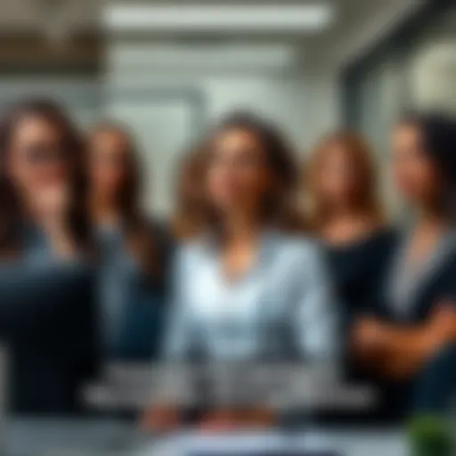 A group of women in an office setting, one woman confidently speaking while others look on, showcasing a competitive atmosphere.