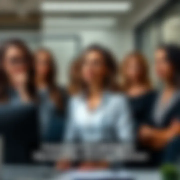 A group of women in an office setting, one woman confidently speaking while others look on, showcasing a competitive atmosphere.