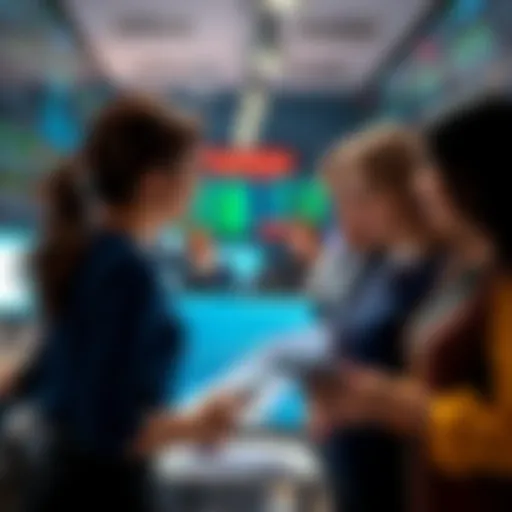 Group of women traders sharing ideas and strategies on a trading floor, showcasing strong decision-making and confidence.