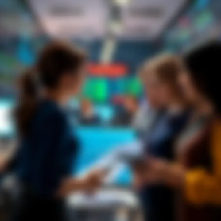 Women traders discussing strategies Group of women traders sharing ideas and strategies on a trading floor, showcasing strong decision-making and confidence.