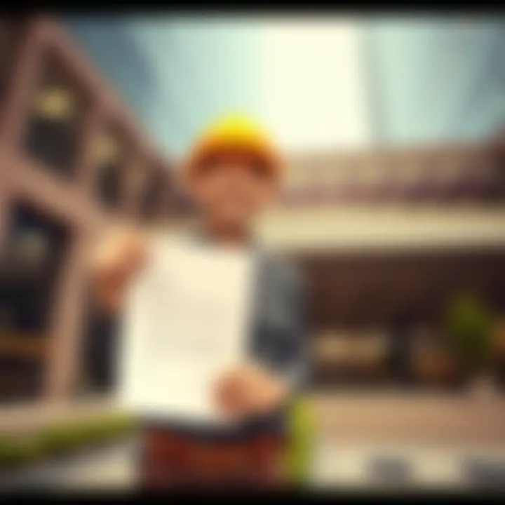 A happy worker holding a resignation letter with a big smile, standing in front of an office building, symbolizing a new beginning after a financial success