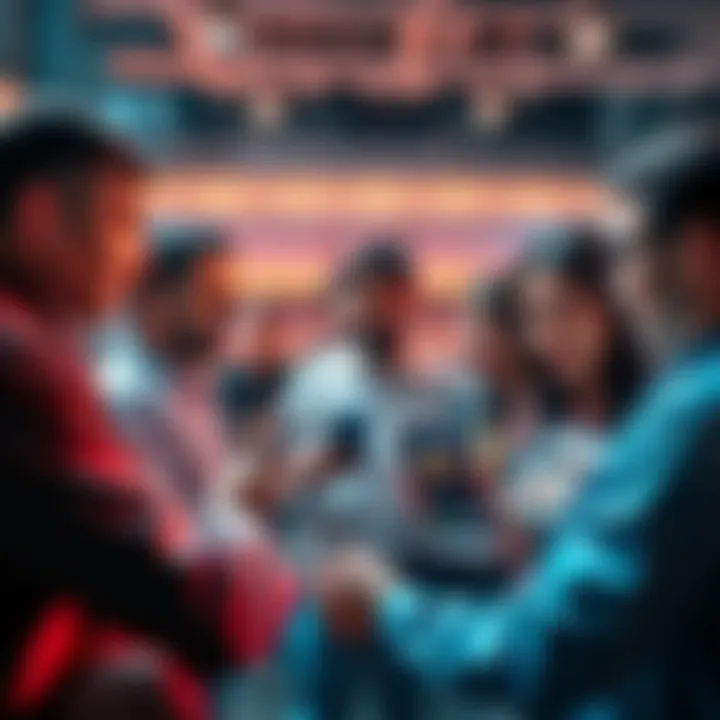 A group of people engaging in conversation about World Mobile Token, showcasing phones and tablets