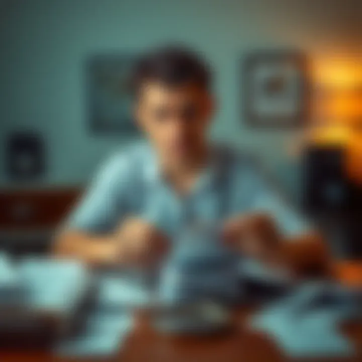 A person sits at a table surrounded by unpaid bills, showing signs of stress and concern about financial issues