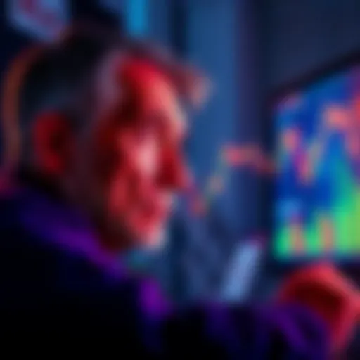 A concerned investor stares at a computer screen displaying falling Bitcoin prices with a worried expression, reflecting financial anxiety.