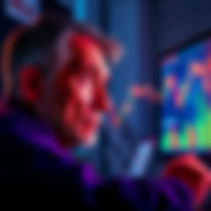 A concerned investor stares at a computer screen displaying falling Bitcoin prices with a worried expression, reflecting financial anxiety.