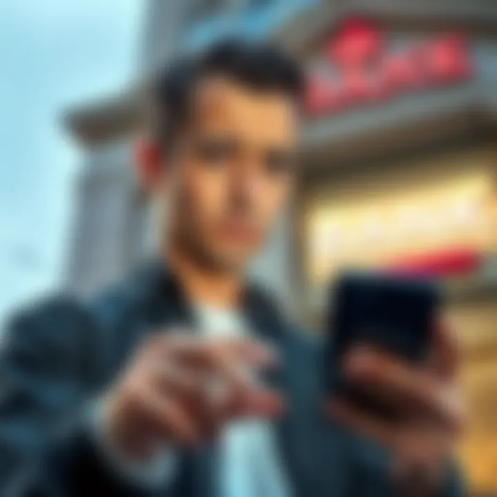 A worried individual looking at their phone while accessing a banking app, displaying a look of confusion and concern, in front of a bank building