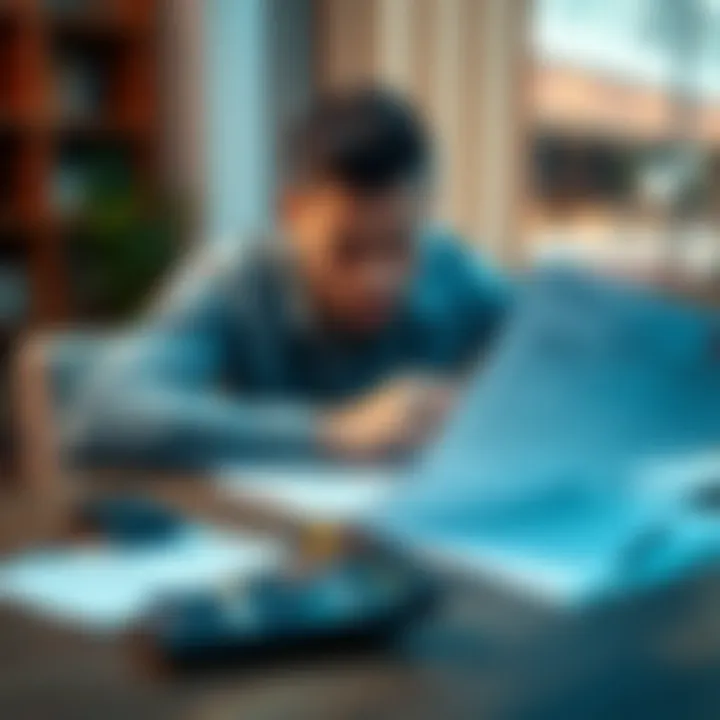 A person sitting at a table, looking stressed while reviewing loan documents with a calculator next to them