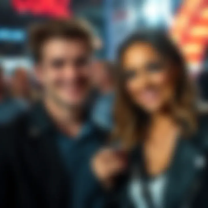Wyatt and Chantel smiling together at a public event, looking cozy but with a hint of uncertainty in their expressions, suggesting a staged relationship.