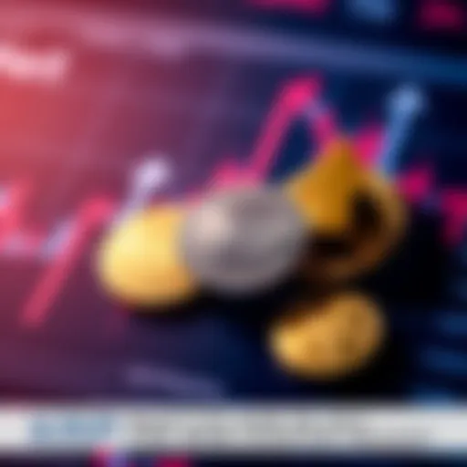 A collection of XRP coins displayed on a trading chart with upward and downward arrows to represent price movements.