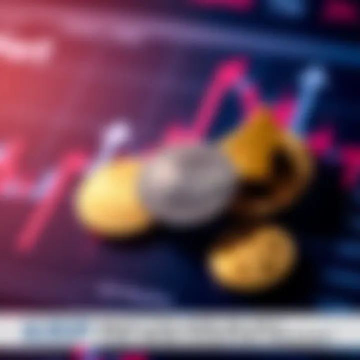 A collection of XRP coins displayed on a trading chart with upward and downward arrows to represent price movements.