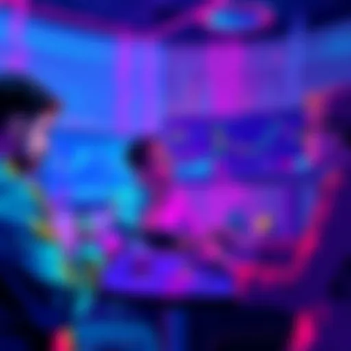 Group of people discussing XRP investment strategies, some holding coins and others looking at charts on screens.