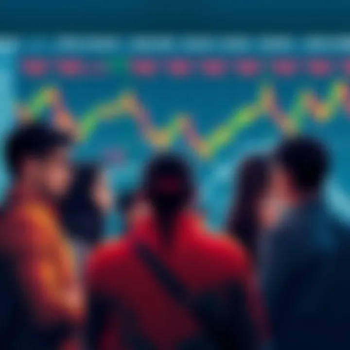 A concerned group of people discussing XRP's market performance, with charts showing stagnant price movement in the background.