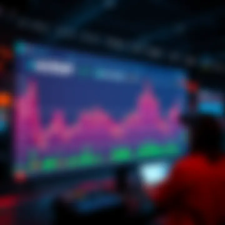 A digital screen displaying a falling price chart of XRP, with traders observing and discussing the market's bottom.