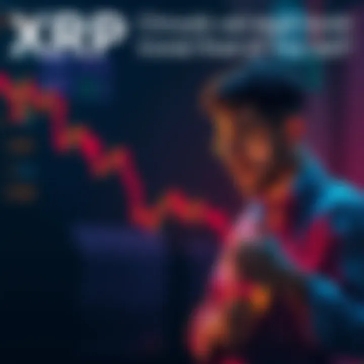 XRP Token on a Downward Trend A visual representation of the XRP cryptocurrency showing a downward trend with a concerned investor analyzing the market, contemplating selling his tokens.