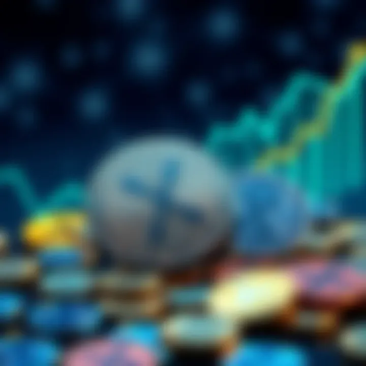 A collection of XRP coins with a graph showing investment growth, representing a journey to acquire more coins.