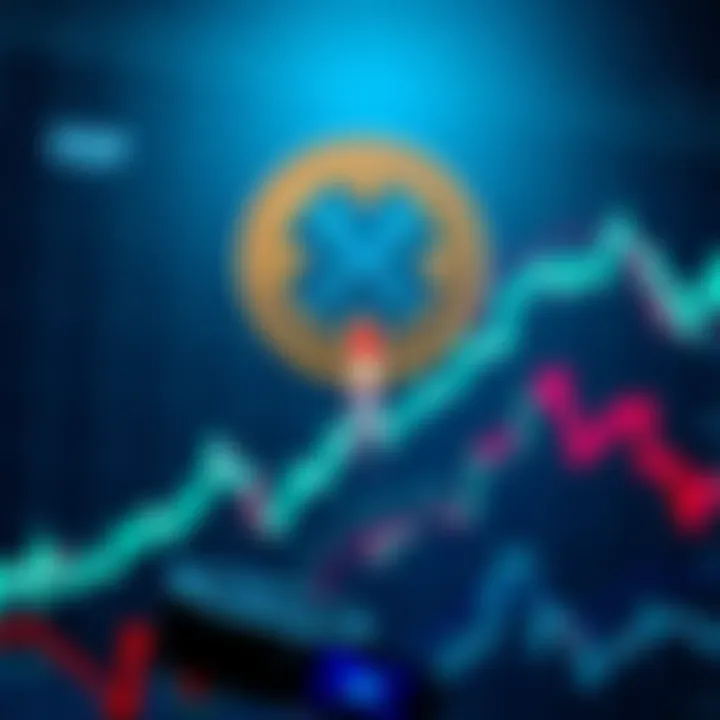 A stock chart showing the rise of XRP with upward trends and market indicators, symbolizing predictions for price increase by 2025.