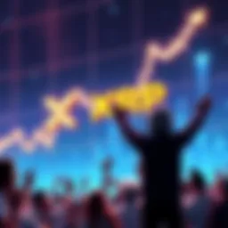 A visual representation of cryptocurrency with an emphasis on XRP, featuring a chart showing rising values and a group of people expressing excitement about XRP's potential.