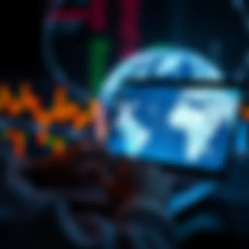 A person using a laptop to explore different platforms for holding XRP, with a globe and financial graphs in the background.