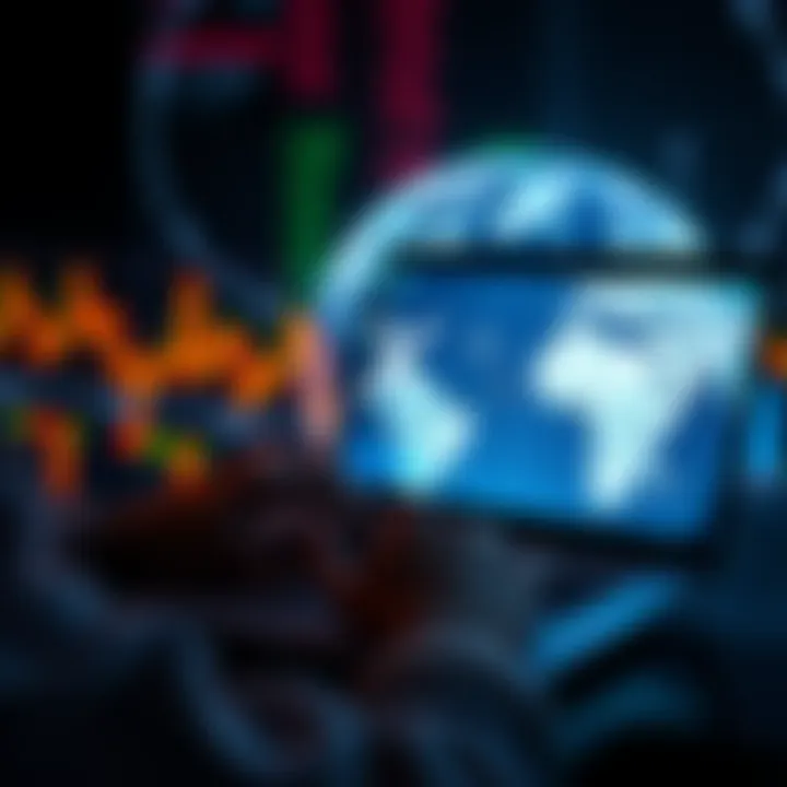 A person using a laptop to explore different platforms for holding XRP, with a globe and financial graphs in the background.