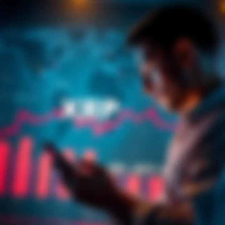 A person checking XRP prices on a smartphone with a world map in the background, showing global uncertainty.