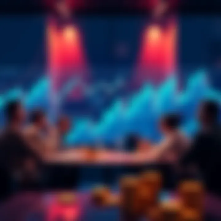 A group of people discussing investment strategies for XRP coins with charts and graphs in the background.