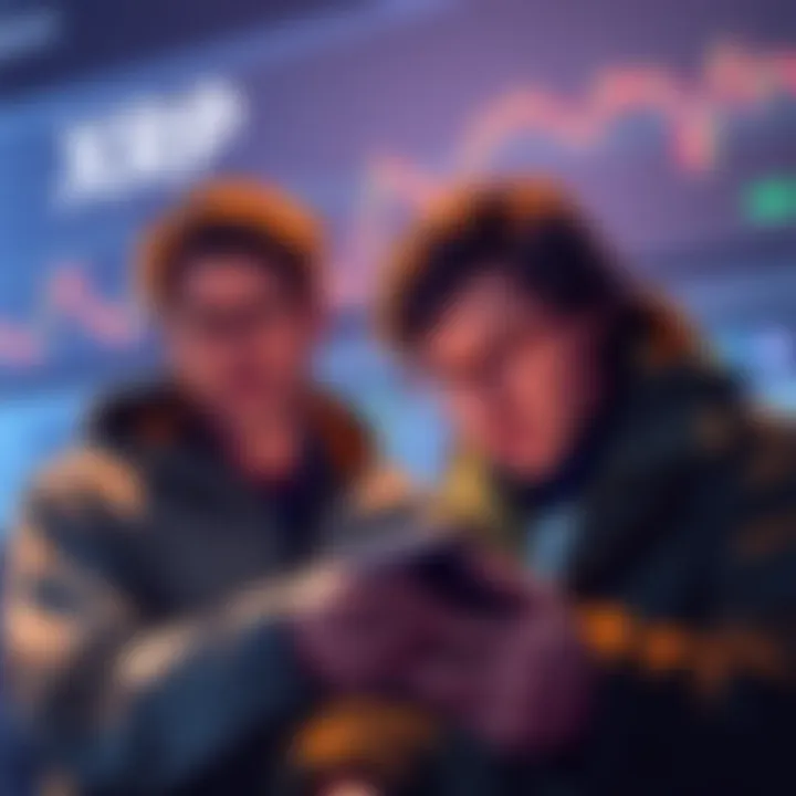 XRP Investment Frustration Investors looking disappointed while checking their XRP balances on a phone, with a graph showing declining value in the background.