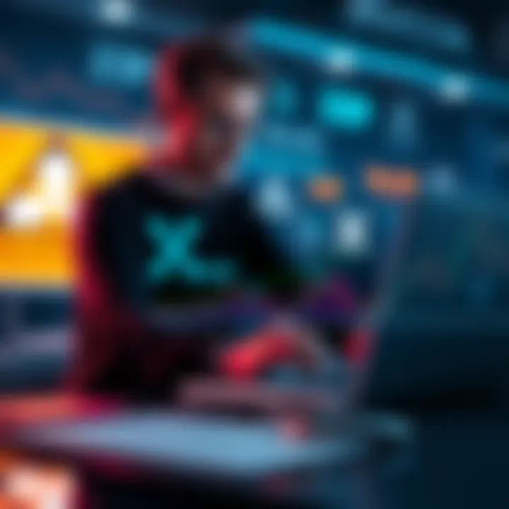 A person analyzing Ripple and XRP graphics on a laptop, with warning signs in the background