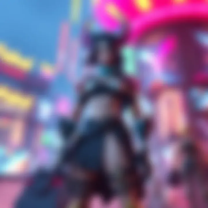 Yakra stands confidently, showcasing her unique design in a vibrant gaming environment.
