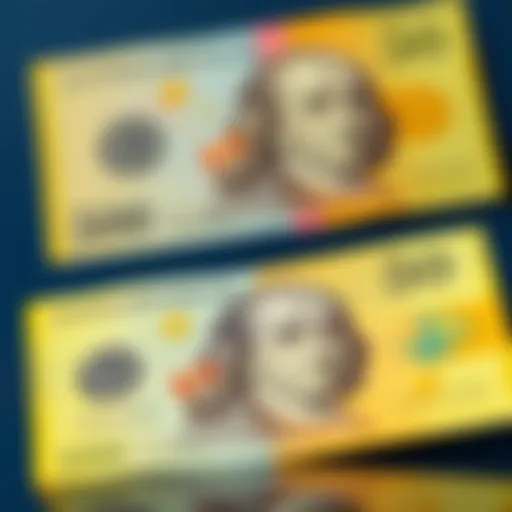 A photo showing an extremely yellow 50 dollar note next to a typical 50 dollar note, highlighting the color difference.