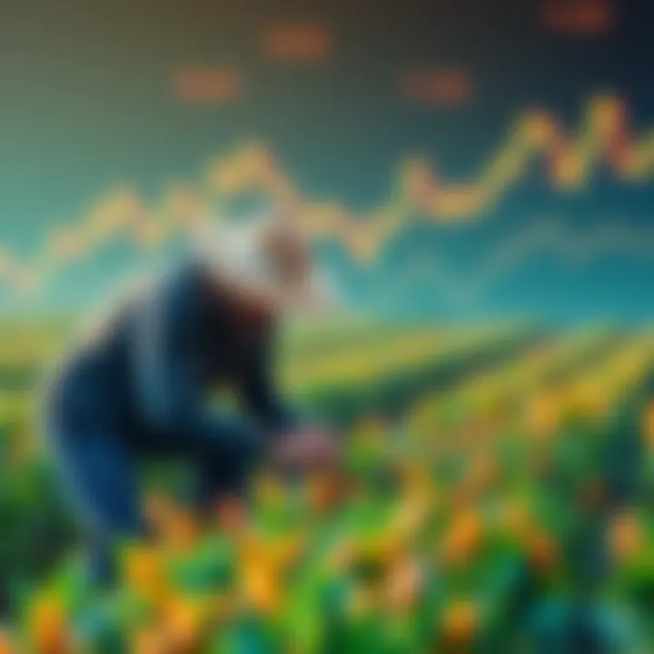 A farmer tending to crops symbolizing yield farming, with a backdrop of fluctuating market graphs representing investment trends.