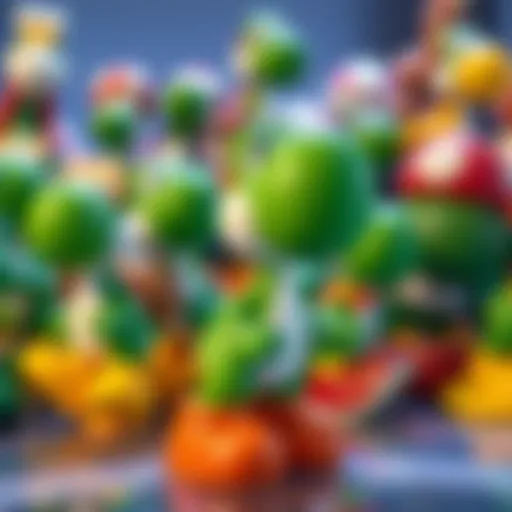 A colorful display of various Yoshi figures including the new Mario Galaxy Movie figure