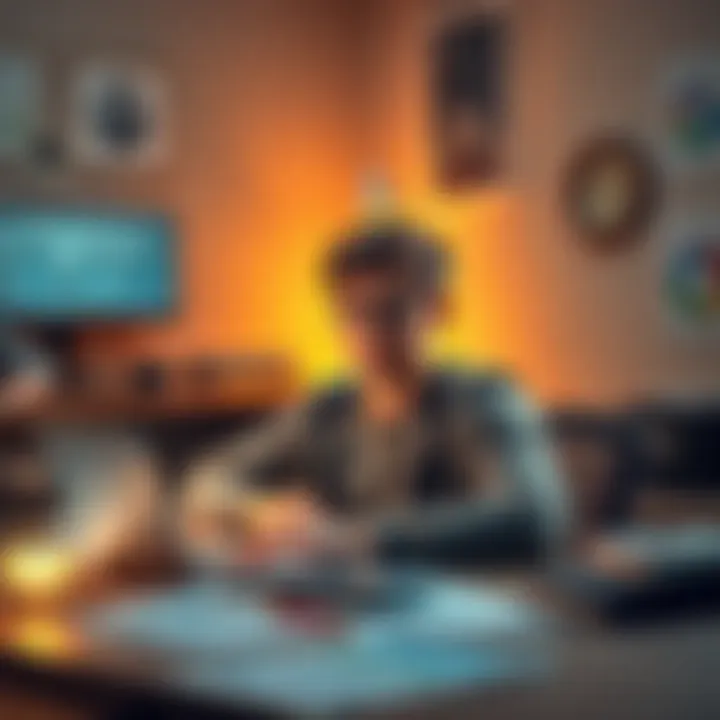 An 18-year-old person sitting at a desk with a laptop, looking for freelance work in the crypto space, surrounded by notes and charts.