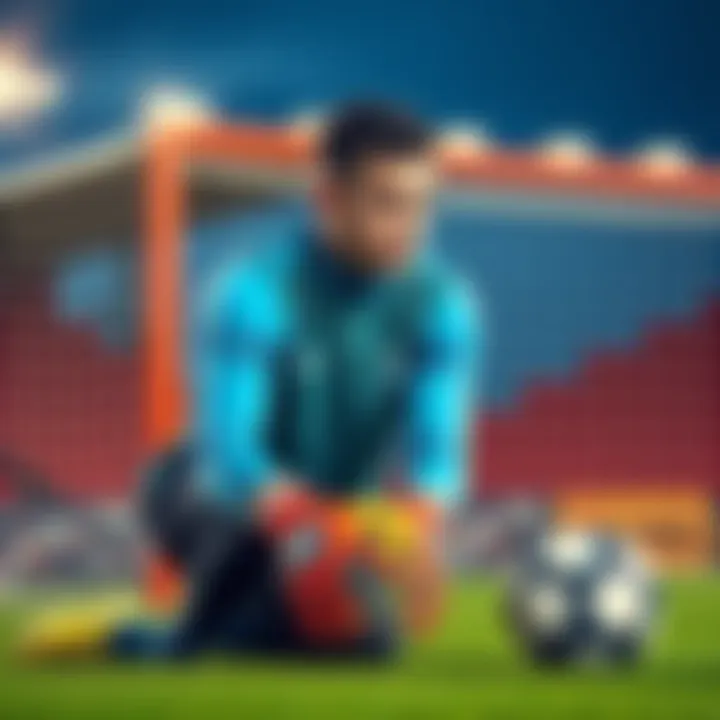 A young goalkeeper practicing on the field, focused and ready to make a save, with a soccer ball nearby.