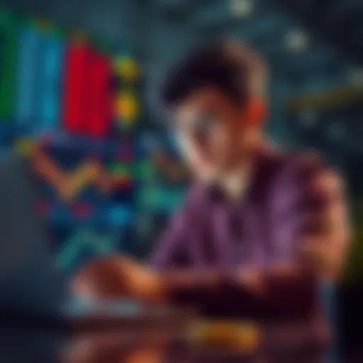 A young investor, around 23 years old, looking at Bitcoin charts on a laptop while comparing with stock data on a screen.