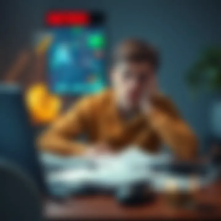 A young man with a distressed expression sits at a desk, surrounded by financial papers and a laptop showing cryptocurrency charts.