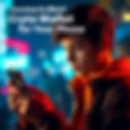 Fred, a young crypto enthusiast, looks at his phone with different crypto wallet apps displayed on the screen.