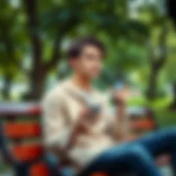 A 23-year-old man sits on a park bench, looking thoughtful as he reflects on his saving habits. He holds a phone displaying a travel app, suggesting a desire for adventure. The scene shows trees and p...