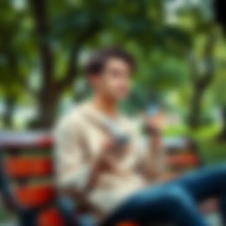 A 23-year-old man sits on a park bench, looking thoughtful as he reflects on his saving habits. He holds a phone displaying a travel app, suggesting a desire for adventure. The scene shows trees and p...