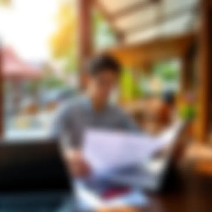 A 26-year-old person reviewing investment plans with a laptop and financial documents in a sunny outdoor cafe in Thailand