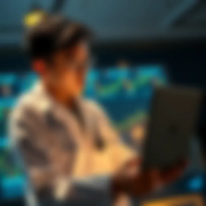 An 18-year-old medical student planning to invest in Bitcoin, holding a laptop and looking at cryptocurrency charts, with a determined expression