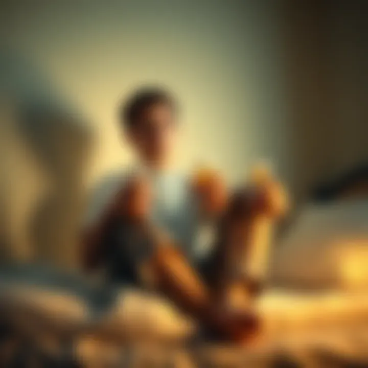A 20-year-old sitting on a bed, holding medication bottles while looking contemplative and slightly overwhelmed, with a soft light illuminating the room.