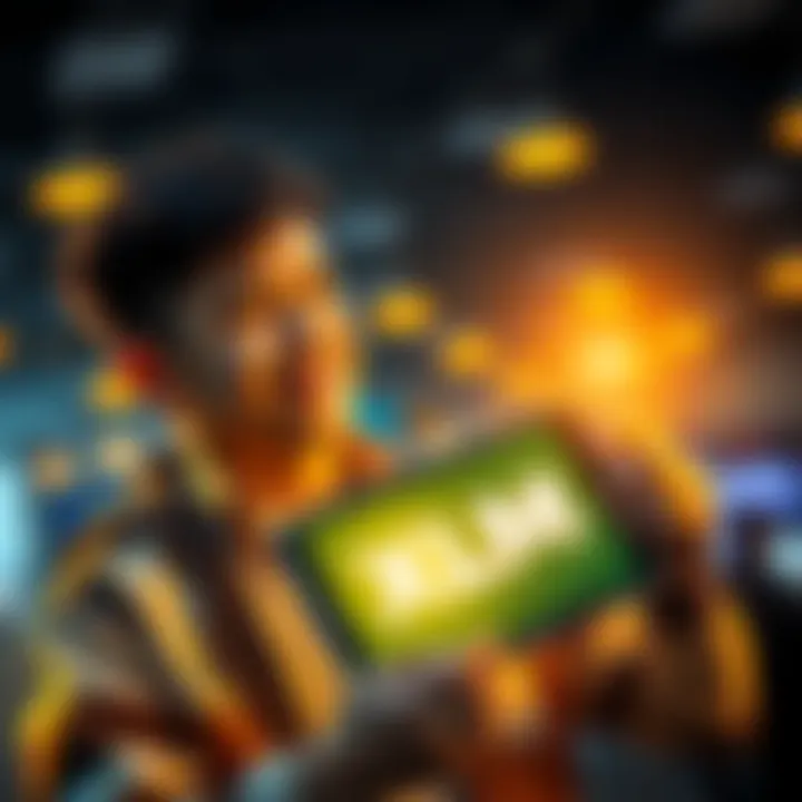 A 24-year-old investor confidently holds a digital device displaying the XLM logo, looking optimistic about the cryptocurrency's future.