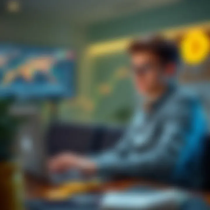 An 18-year-old sits with a laptop, analyzing Bitcoin charts. He appears thoughtful, contemplating his investment decisions as cryptocurrency trends rise.