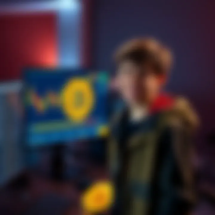 A 19-year-old standing in front of a computer displaying Bitcoin graphics, looking excited about their investment.