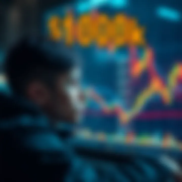 A young investor looking at a digital chart of Bitcoin prices, contemplating the decision to buy 1 Bitcoin.