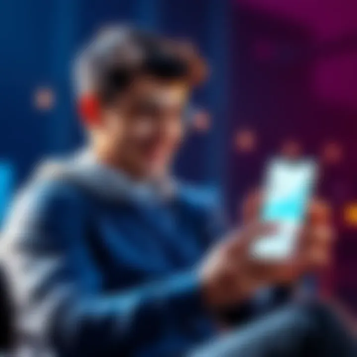 Young Investor Celebrating Milestone A 23-year-old investor smiling while looking at their Raiz portfolio on a smartphone, celebrating reaching a $50K investment milestone.