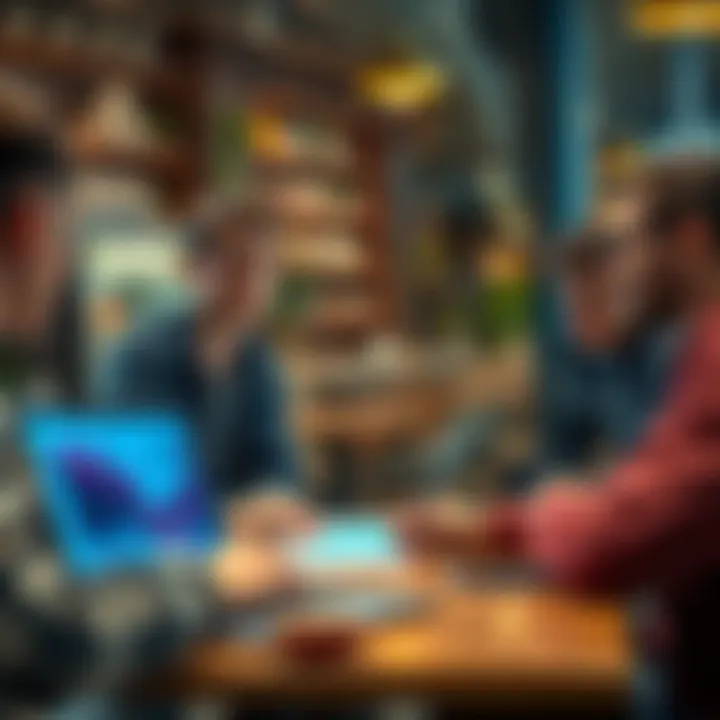 A group of young people debating cryptocurrency trends at a café, with charts and graphs on a laptop in front of them.