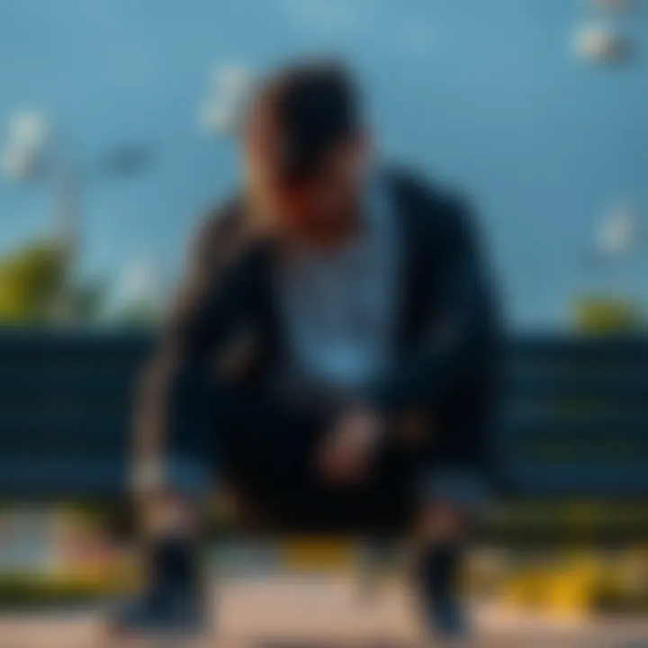 A young man sitting on a bench with a distressed expression, holding his head in his hands, symbolizing the emotional stress from cryptocurrency losses.