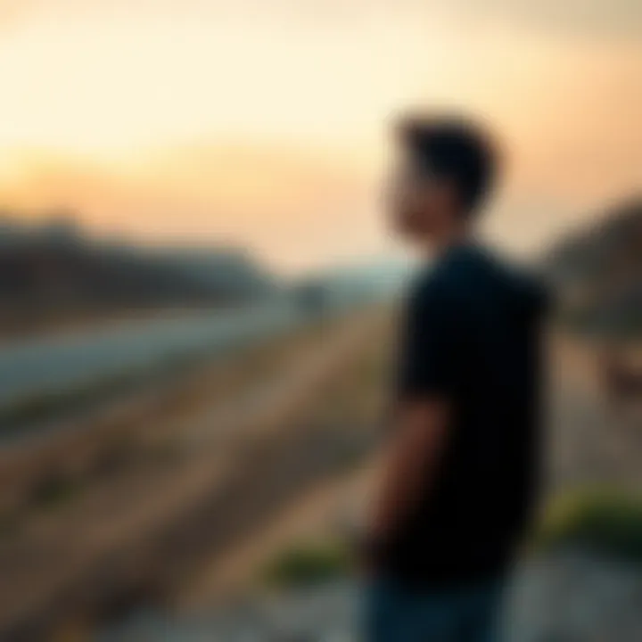 A young man stands in front of empty land by a highway, deep in thought about ways to make money while reflecting on recent losses in crypto trading.