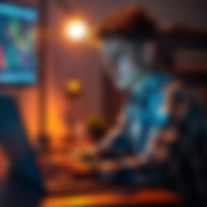 A young man looks frustrated while sitting at a desk with a laptop and trading charts, feeling stuck in crypto and e-commerce